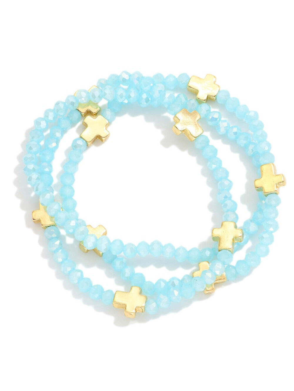 Set of 3 Turquoise Faceted Bead Stretch Stack Bracelets with Gold Cross Beads